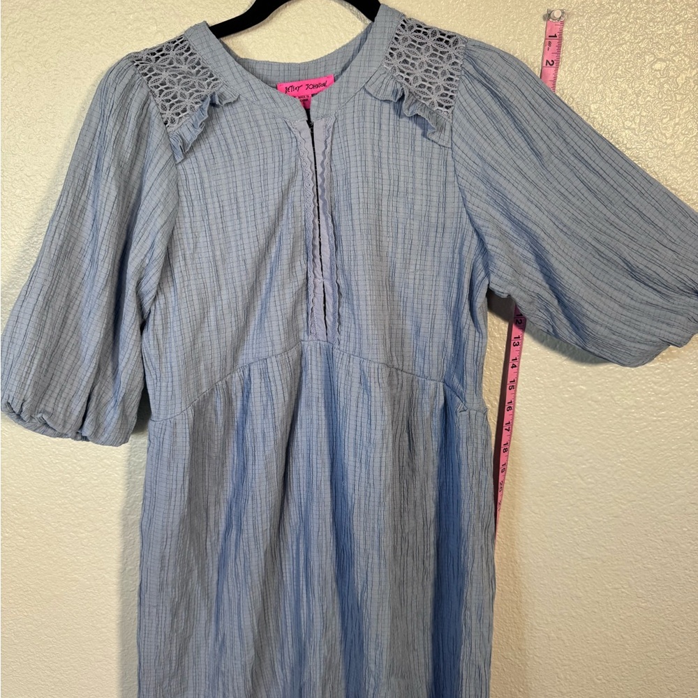 Betsey Johnson Light Blue Striped Gauze Mini Dress with Lace Shoulder Detail
